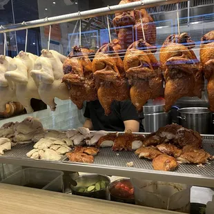 Display of poached &amp; roast chickens