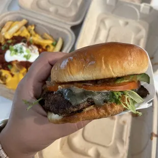 Blue Mountain Burger. I added sautéed mushrooms and avocado.