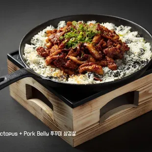 Stirfried porkbelly &amp; squid on toasted rice