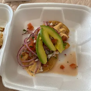 Tostada de ceviche !! Supper delicious .