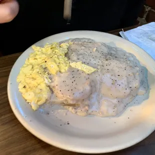 Country Biscuits &amp; Sausage Gravy with an added scrambled egg