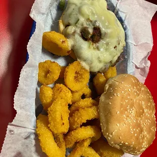 Cajun burger and onion rings