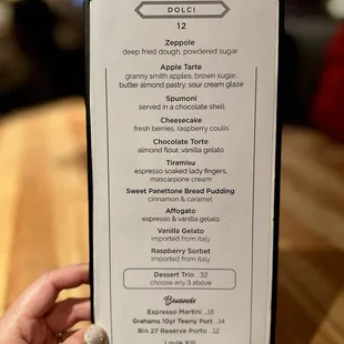 Dessert menu
