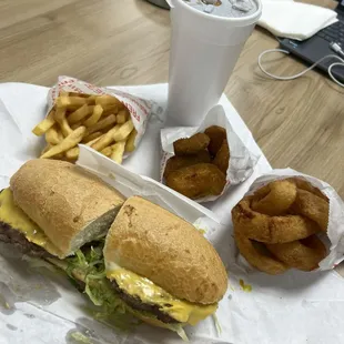 Jalapeño poppers, onion rings, cheeseburger poboy combo