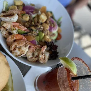 Harvest Salad with shrimp and a Michelada