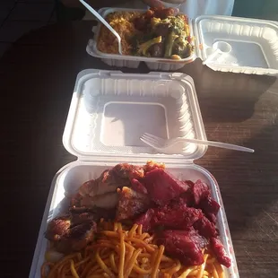 Grilled chicken and bbq pork with mein noodles, AND Beef and broccoli and orange chicken with fried rice. Louie&apos;s Chinese Food #2