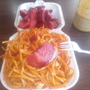 Mein noodles bowl with pork and mustard sauce. Louie&apos;s Chinese Food #2 off South Pacific Avenue in San Pedro