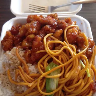 Orange chicken, steamed rice and chow mein. Incredible and look at those portions!