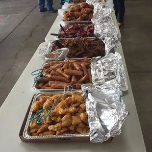 Crispy fish filet w/garlic &amp; jalepeno, egg rolls, salt &amp; pepper pork chops, bbq pork &amp; fried chicken
