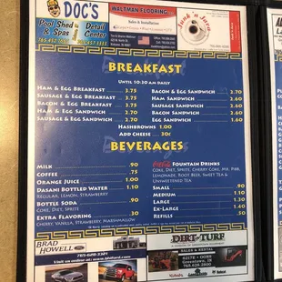 a menu for breakfast and beverages