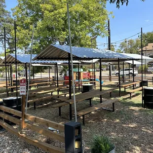 a picnic area with tables and umbrellas
