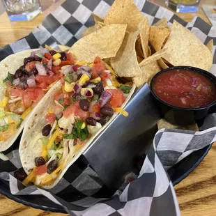 Fish tacos, side of chips and salsa