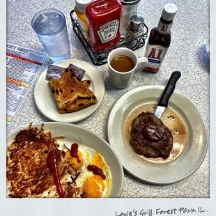 Perfect Sunday Breakfast Chopped Steak Eggs HashBrows Raisins Toasts w/Jam &amp; Coffee. Cool!  Louie&apos;s Grill.Forest Park.Breakfast/Lunch Place.