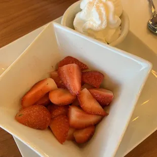 Side of strawberries and whipped cream for the French toast so you can make it as you wish!