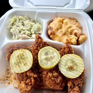 3 Tenders + 2 Sides - Chicken was good, spice was solid but not my favorite batter. Mac was decent but and didn&apos;t like the slaw.
