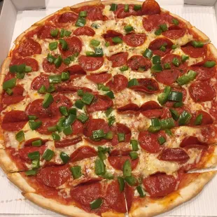 15" with pepperoni and green pepper!
