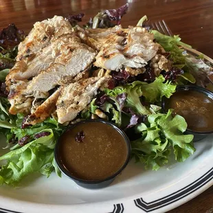 Blue cheese. Walnuts, cranberries, salad topped w/2 fresh chicken breasts sliced. Homemade dressing!