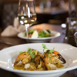 a plate of shrimp and rice