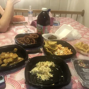 Brownie, onion rings, cheese curds, crab Rangoon dip, Buffalo chicken dip