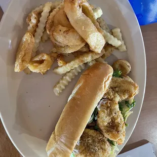 1/2 shrimp po boy (6 inch) with 1/2 onion rings/1/2 fries