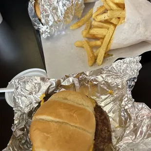 Bacon Cheeseburger and Bob&apos;s Blaze Burger and fries.