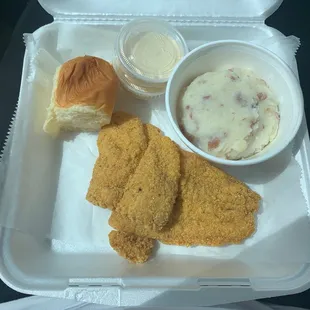 My two-piece fish with mashed potatoes--no gravy-- and a roll.