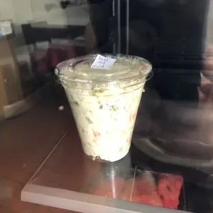 Potato salad in fridge. Good. Bit large chucks of veggies but good flavor