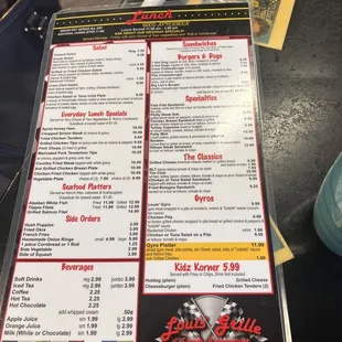 the menu of the restaurant