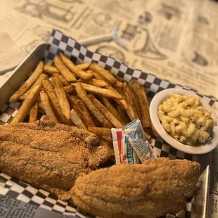 Catfish Dinner with Mac N Cheese &amp; Cajun Fries