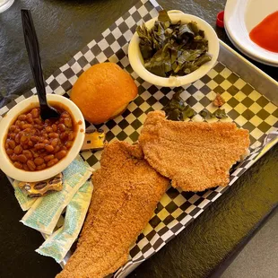 Catfish Dinner Baked Beans Collard Greens Corn Muffin - Collard greens are not favorable. There is no meat in them.