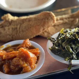Catfish dinner with greens and yams
