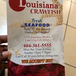 a menu for seafood