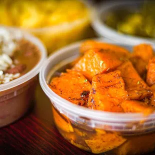 The best side dishes! Candied yams, Mac and cheese, collard greens and red beans.