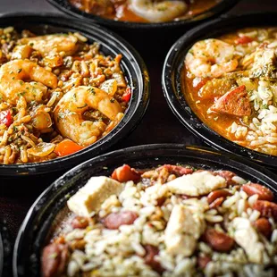 Shrimp jambalaya, seafood gumbo, red beans and rice with chicken