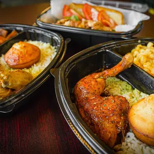 BBQ chicken dinner, baked chicken dinner, chicken po'boy