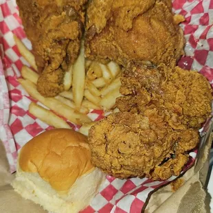 3 piece special, fries, and Hawaiian roll.