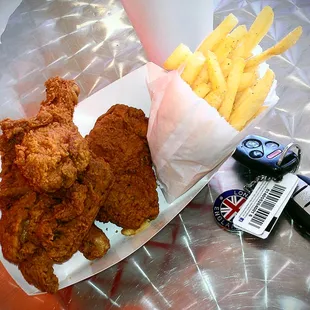 $4.98 Tuesday special: 2 wings, 2 legs, fries and a drink! Alotta food!