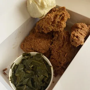 4 piece chicken, side of greens &amp; dinner roll