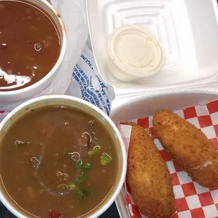 Red beans &amp; rice, shrimp &amp; sausage gumbo and fried jalapenos stuffed with cream cheese