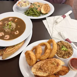 Shrimp gumbo, 3 pc tender with Onion Rings and Dirty Rice Redfish and Shrimp with coleslaw and Green Beans