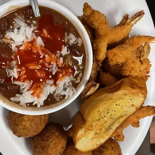 Fried shrimp hush puppies red beans and rice