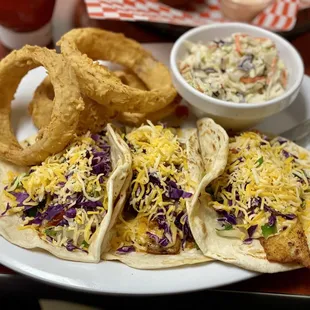 Fish Tacos Combo with coleslaw and onion rings