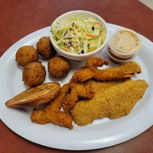 Catfish and Shrimp with bomb hushpuppies and cole slaw