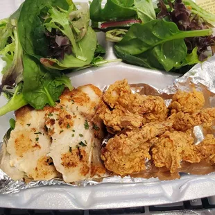 Catfish and shrimp with salad