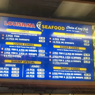 Seafood menu as of January 3rd 2018