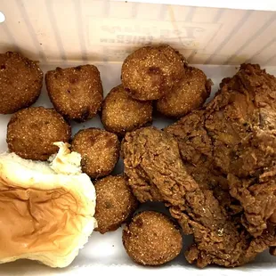 Chicken Breast box meal. Comes with a roll and choice of side. Mine has Hush Puppies