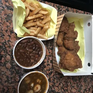 French Fries, Red Beans and Rice, Gumbo, and chicken