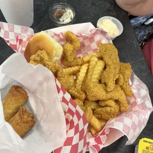 This is the fish nuggets and egg rolls.