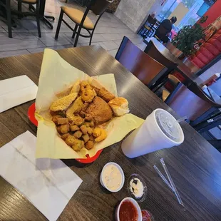 Chicken, fish, shrimp, okra