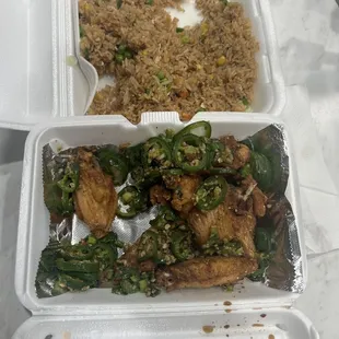 Jalapeño wings and egg fried rice